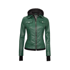 Tralee Women's Green Real Leather Jacket with Hood