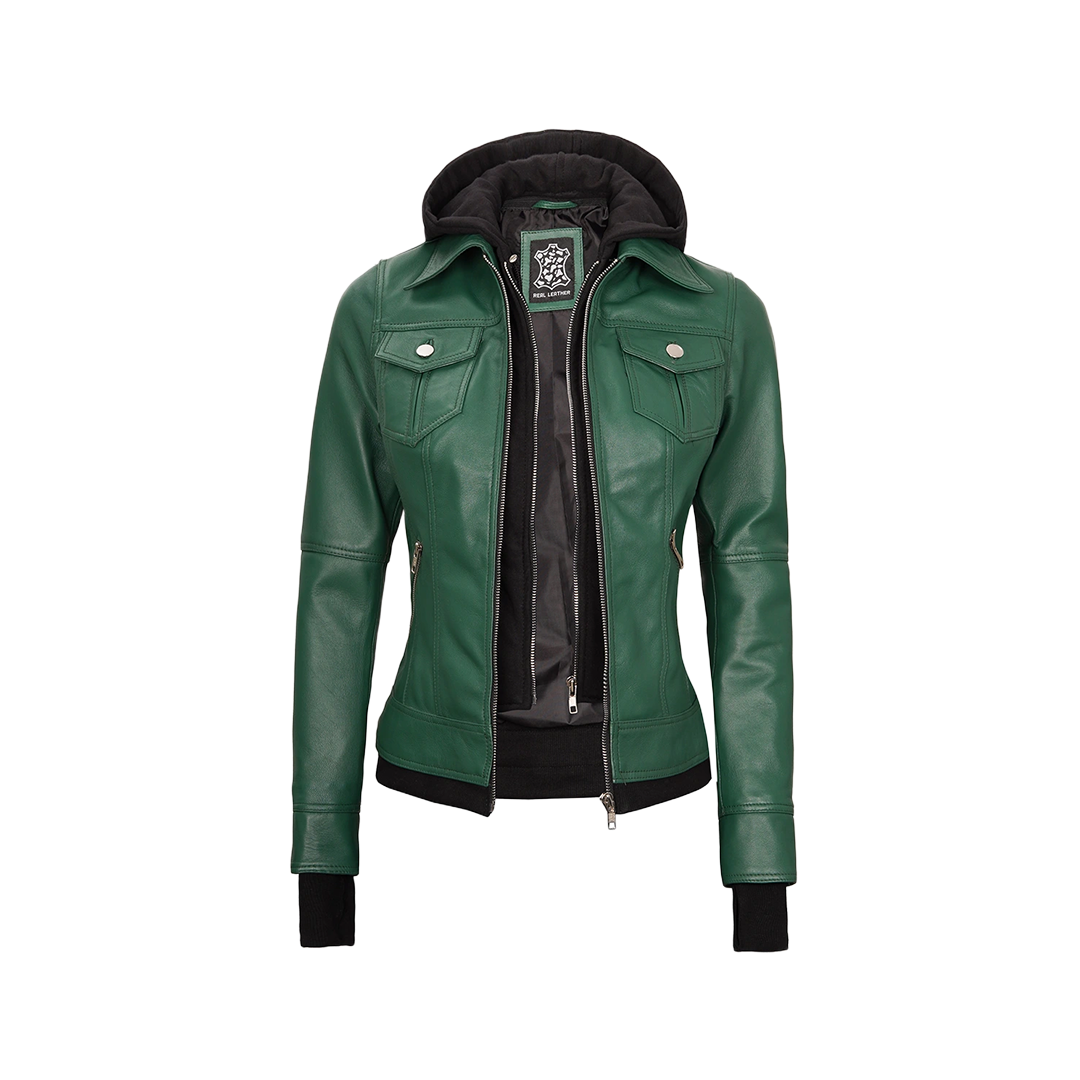 Tralee Women's Green Real Leather Jacket with Hood