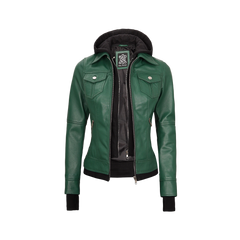 Tralee Women's Green Real Leather Jacket with Hood