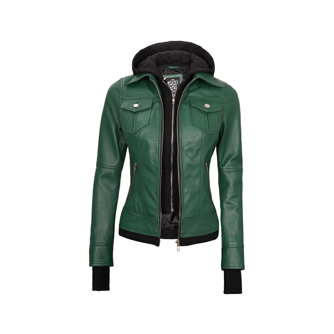 Tralee Women's Green Real Leather Jacket with Hood
