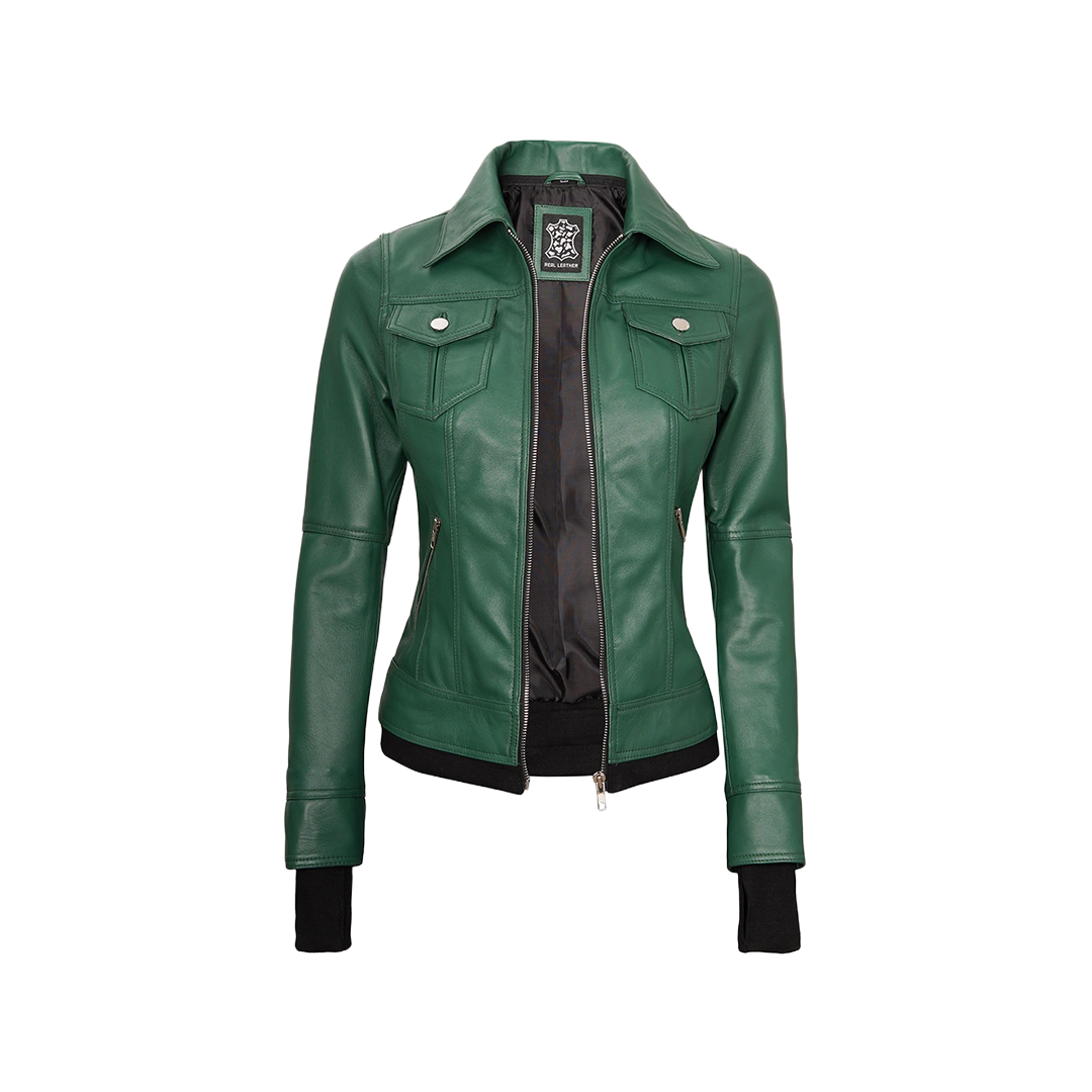 Tralee Women's Green Real Leather Jacket with Hood