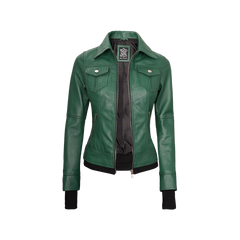 Tralee Women's Green Real Leather Jacket with Hood