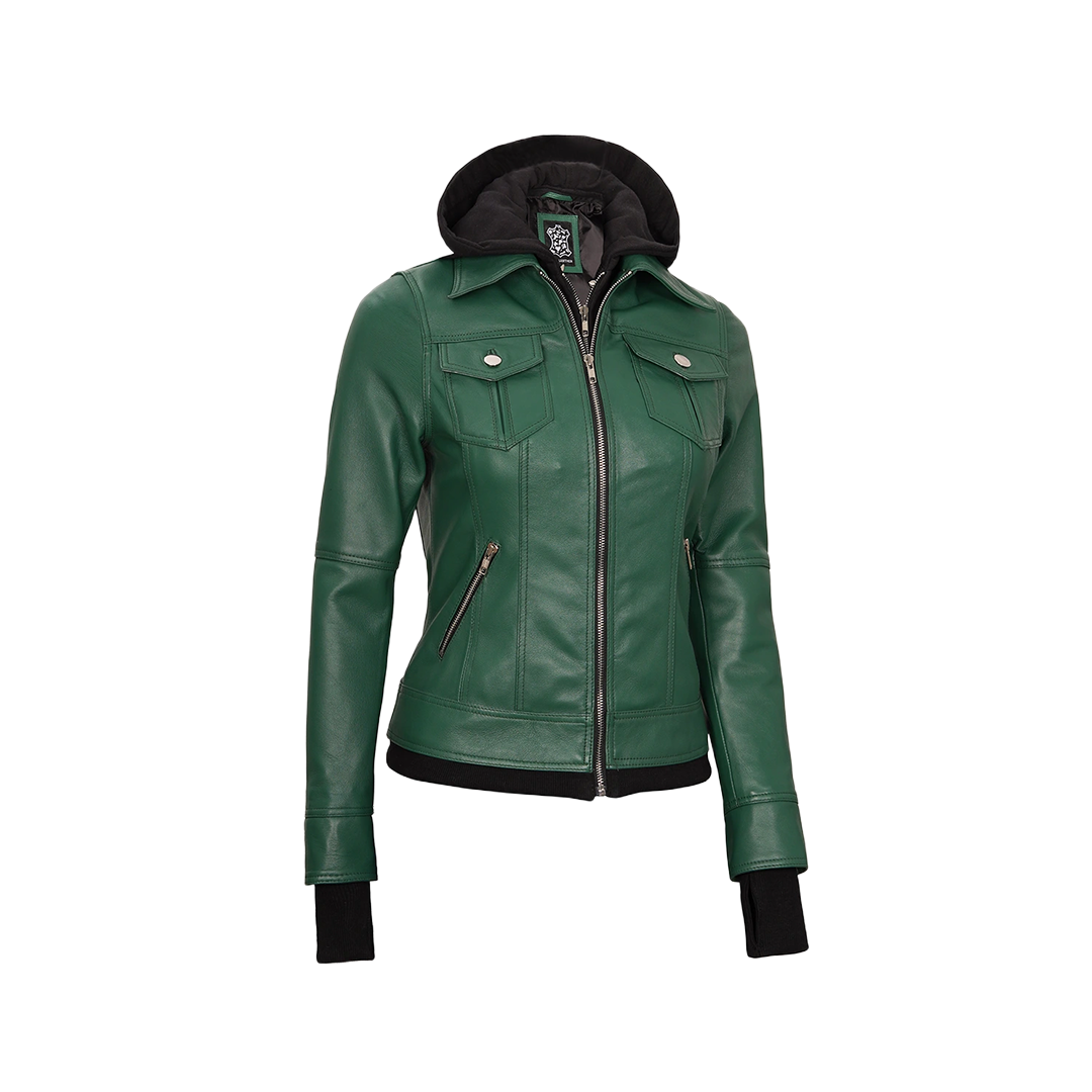 Tralee Women's Green Real Leather Jacket with Hood