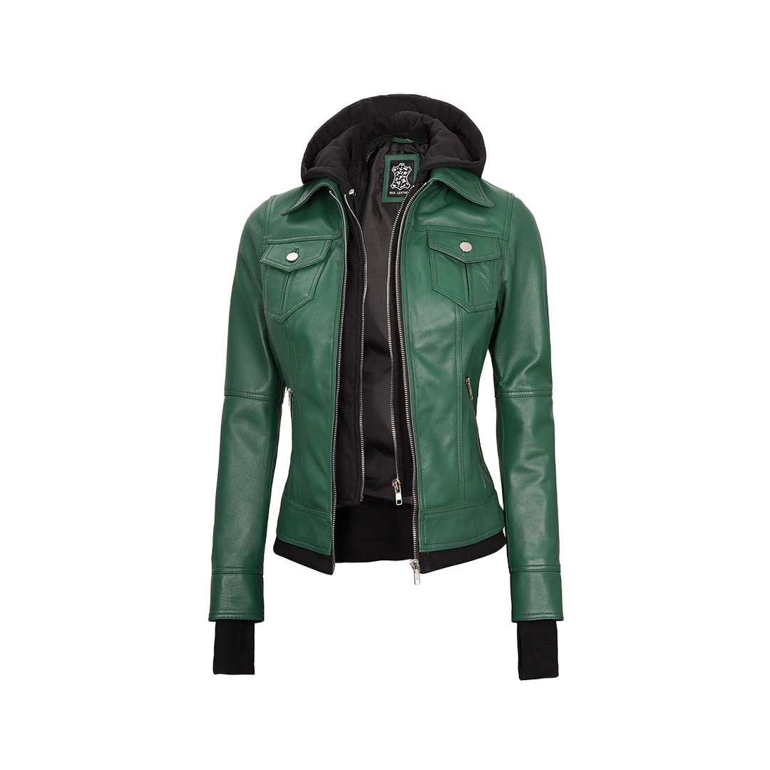 Tralee Women's Green Real Leather Jacket with Hood