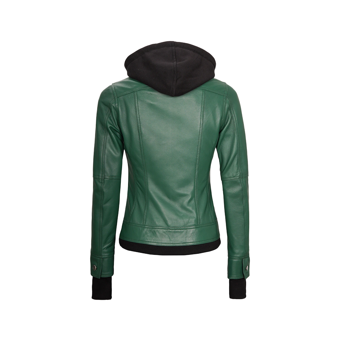 Tralee Women's Green Real Leather Jacket with Hood