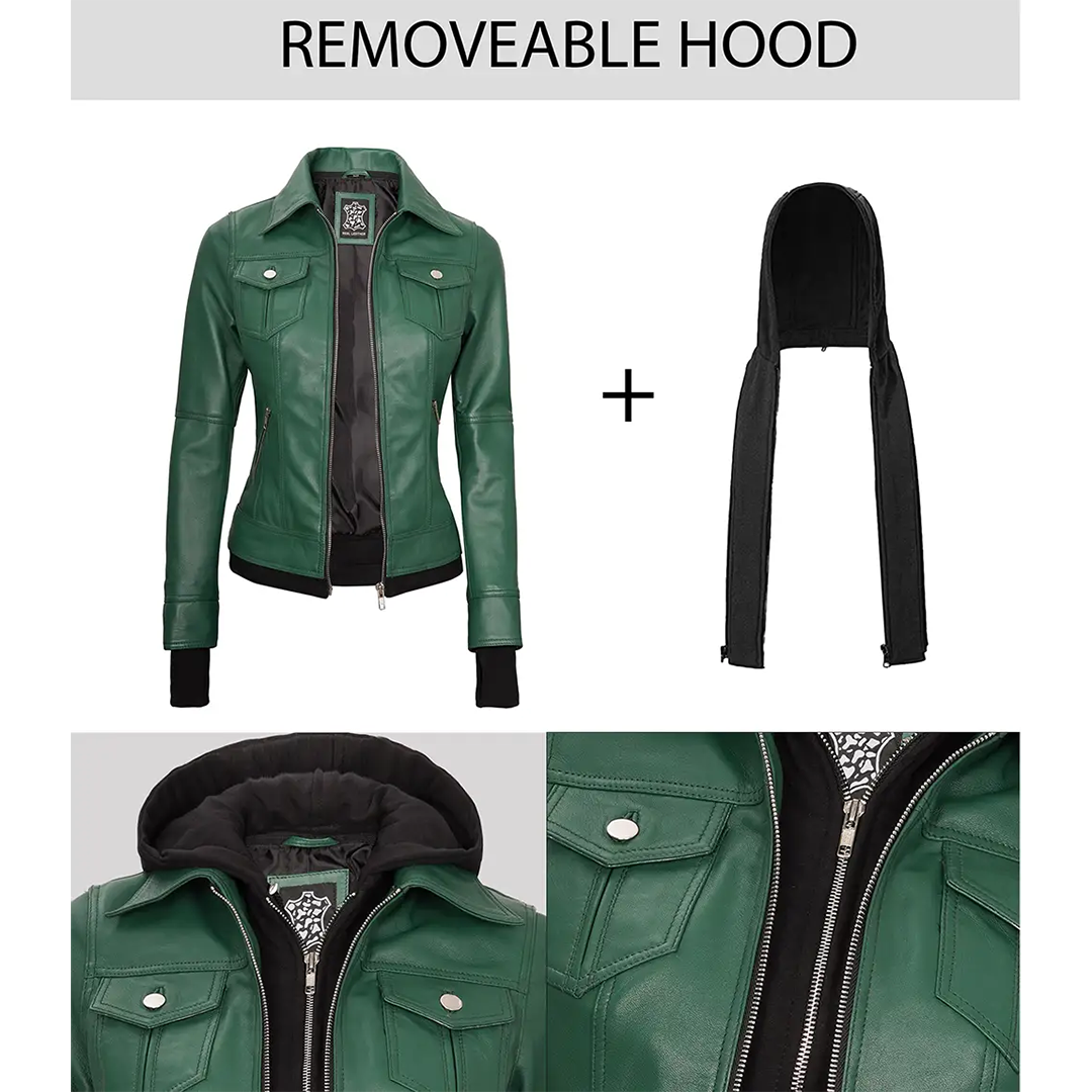 Tralee Women's Green Real Leather Jacket with Hood