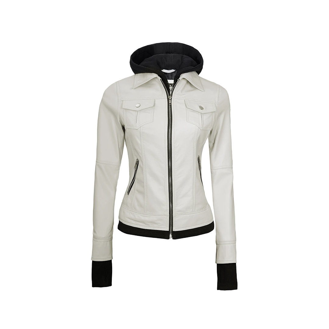 Tralee Women's Bomber Off White Leather Jacket with Hood