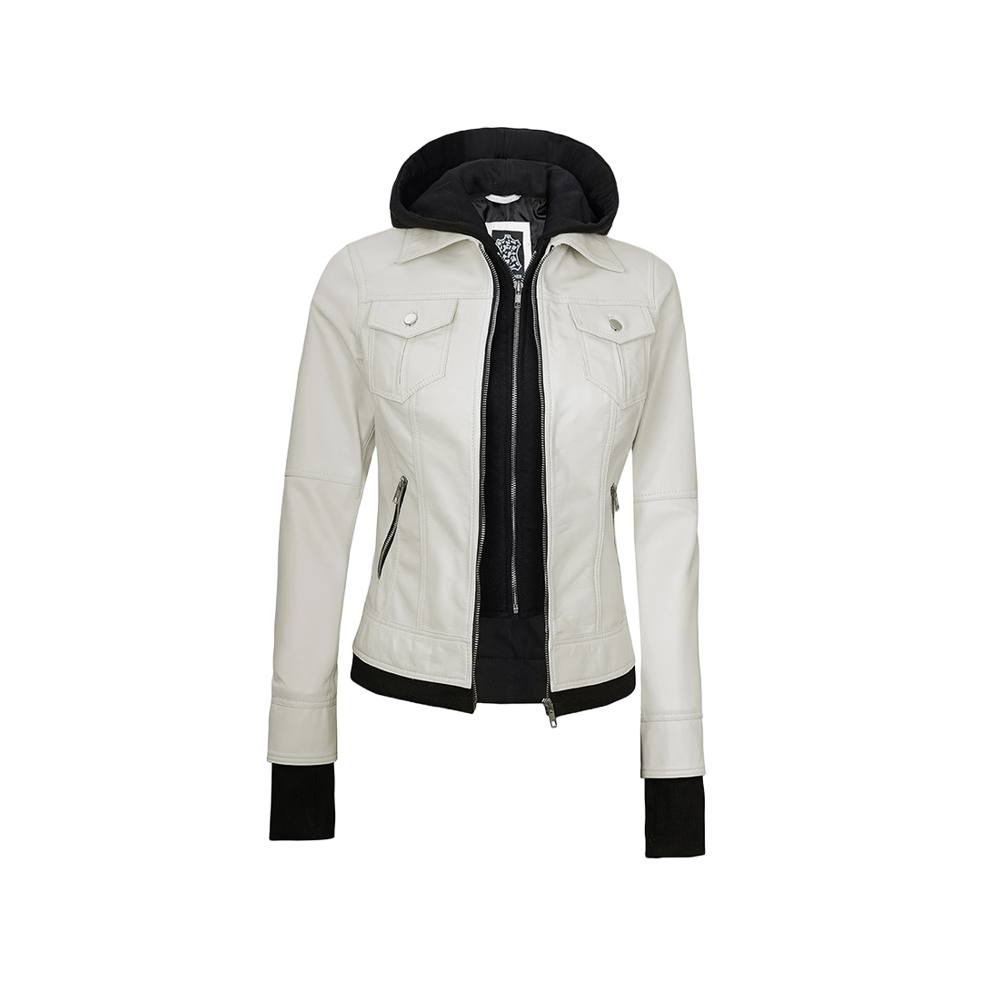 Tralee Women's Bomber Off White Leather Jacket with Hood