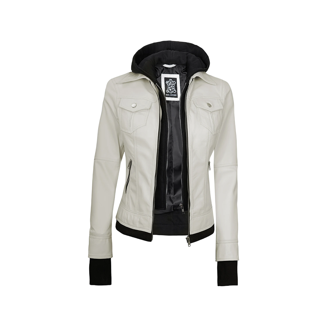 Tralee Women's Bomber Off White Leather Jacket with Hood