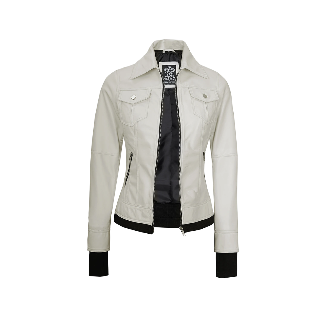 Tralee Women's Bomber Off White Leather Jacket with Hood