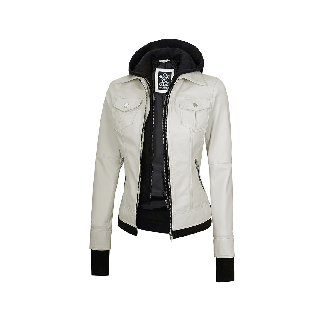 Tralee Women's Bomber Off White Leather Jacket with Hood