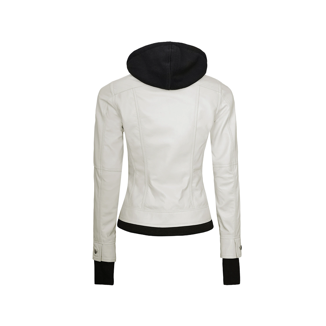 Tralee Women's Bomber Off White Leather Jacket with Hood