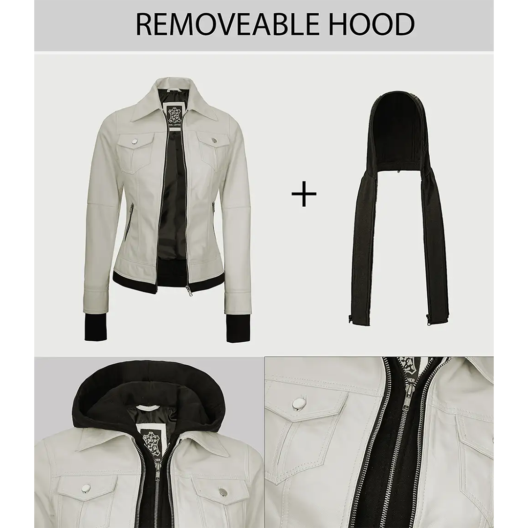 Tralee Women's Bomber Off White Leather Jacket with Hood