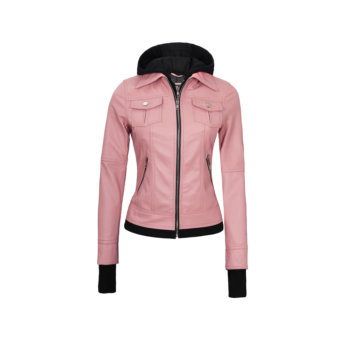 Tralee Women's Bomber Pink Real Leather Jacket with Hood