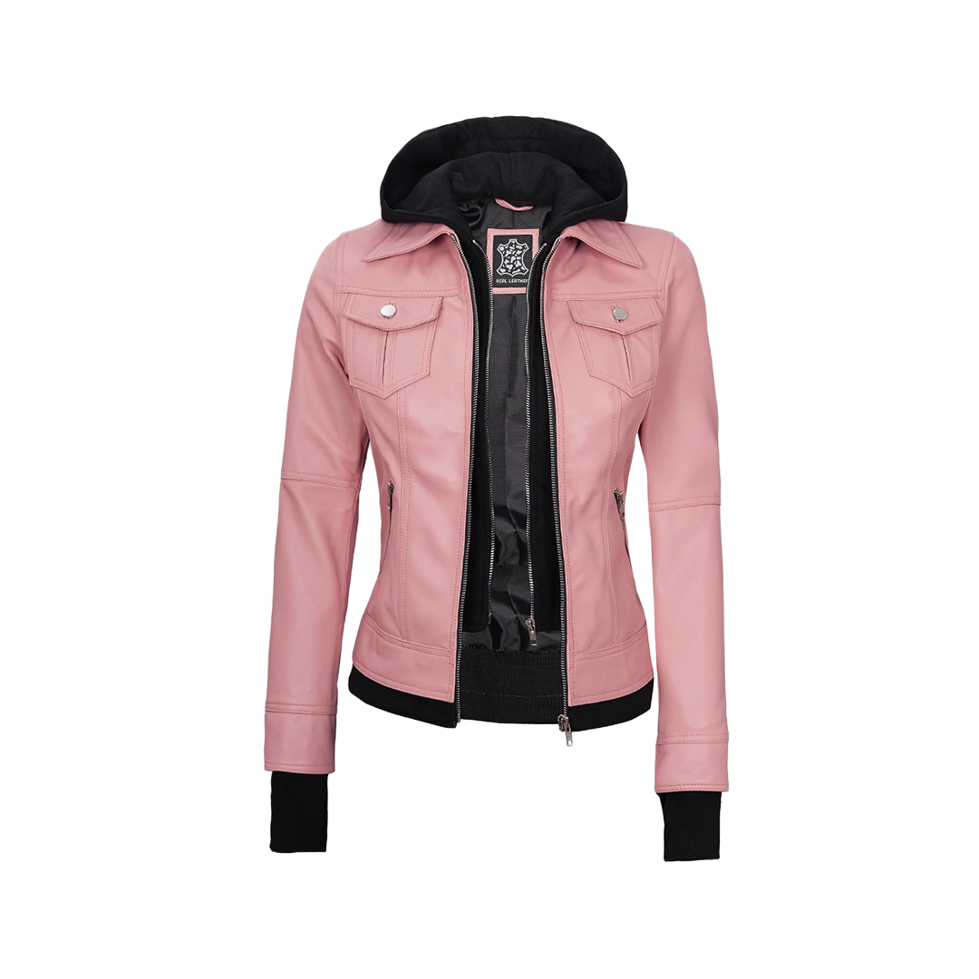 Tralee Women's Bomber Pink Real Leather Jacket with Hood