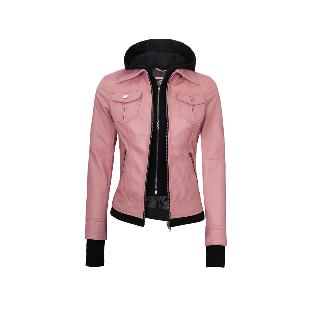 Tralee Women's Bomber Pink Real Leather Jacket with Hood