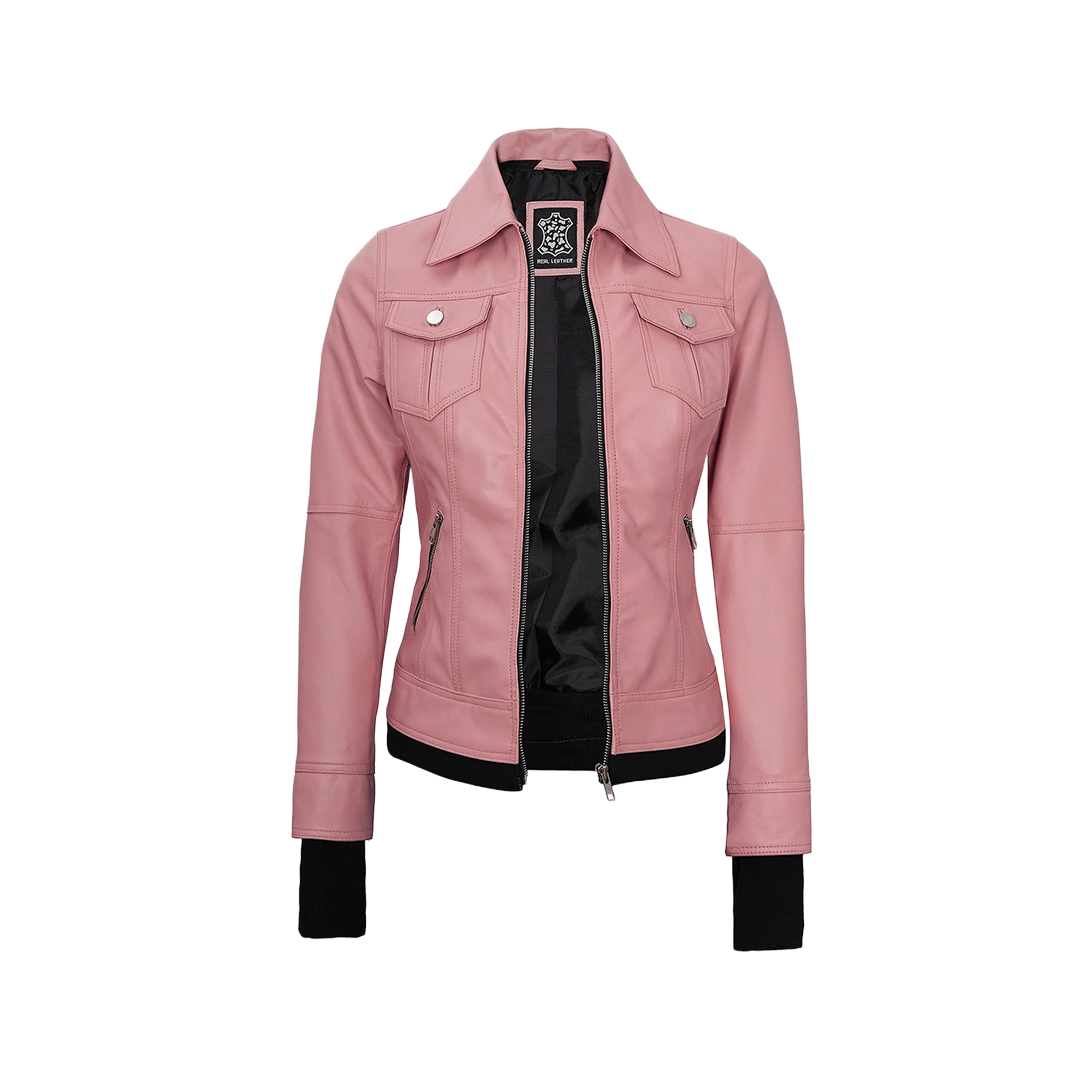 Tralee Women's Bomber Pink Real Leather Jacket with Hood