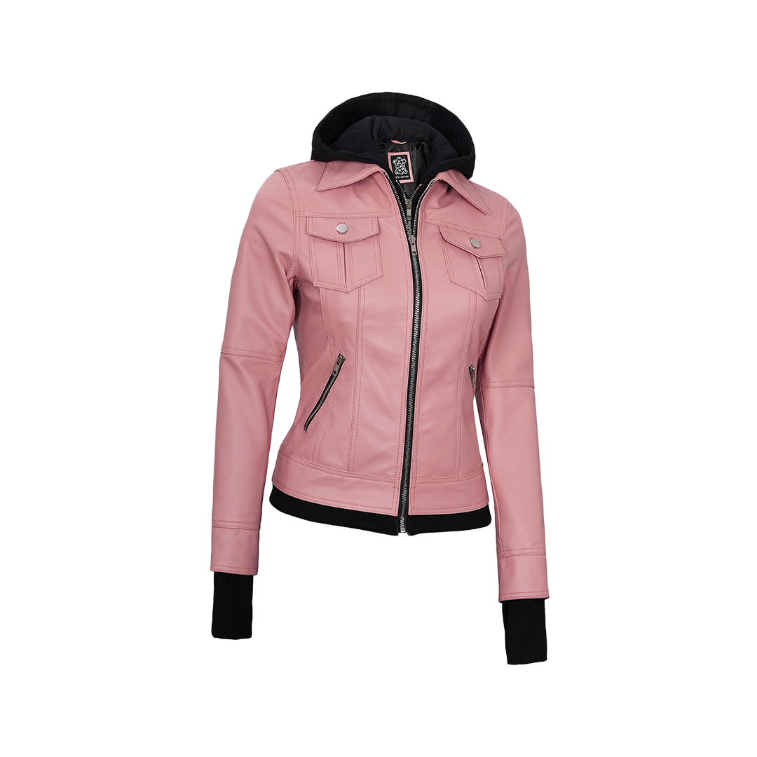 Tralee Women's Bomber Pink Real Leather Jacket with Hood