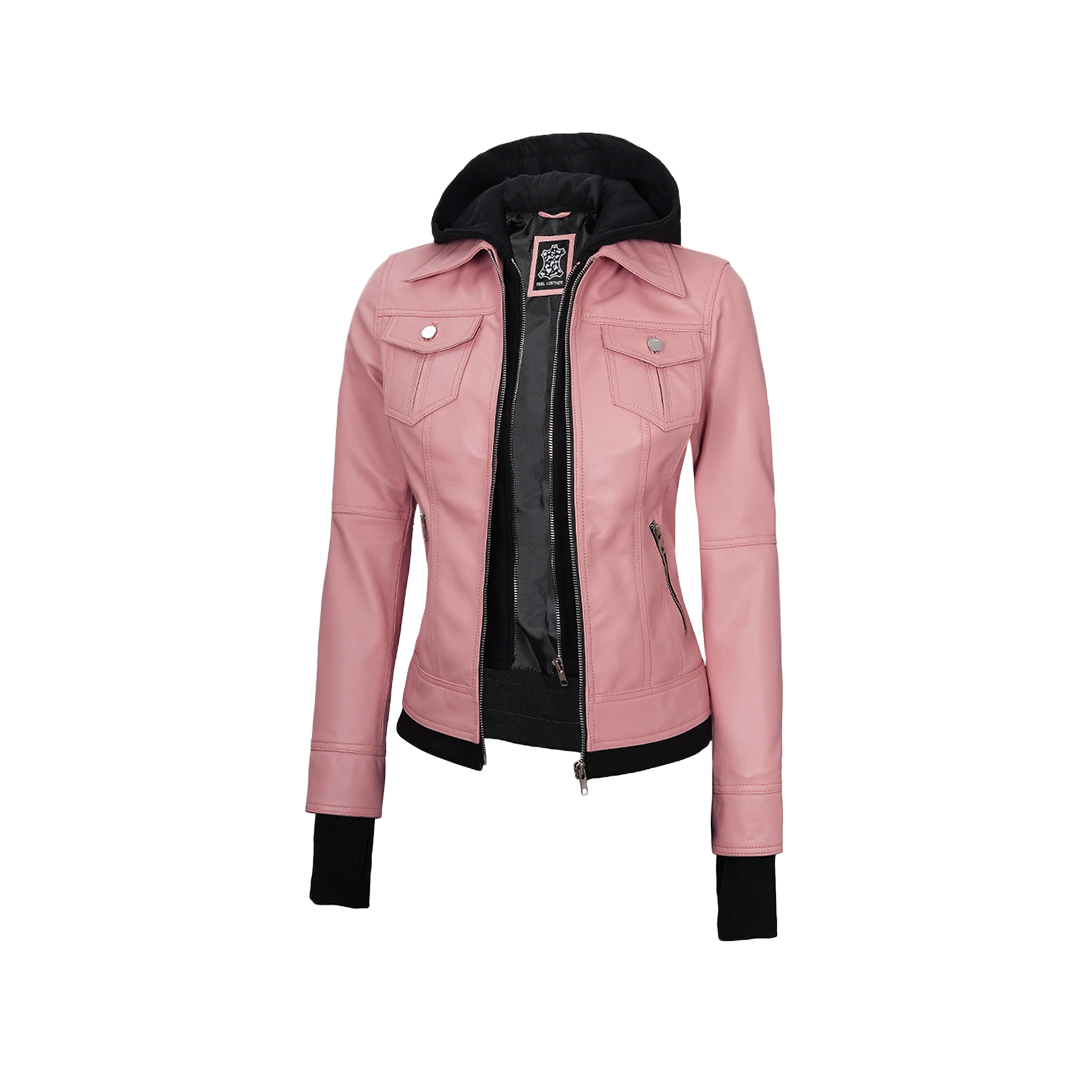 Tralee Women's Bomber Pink Real Leather Jacket with Hood