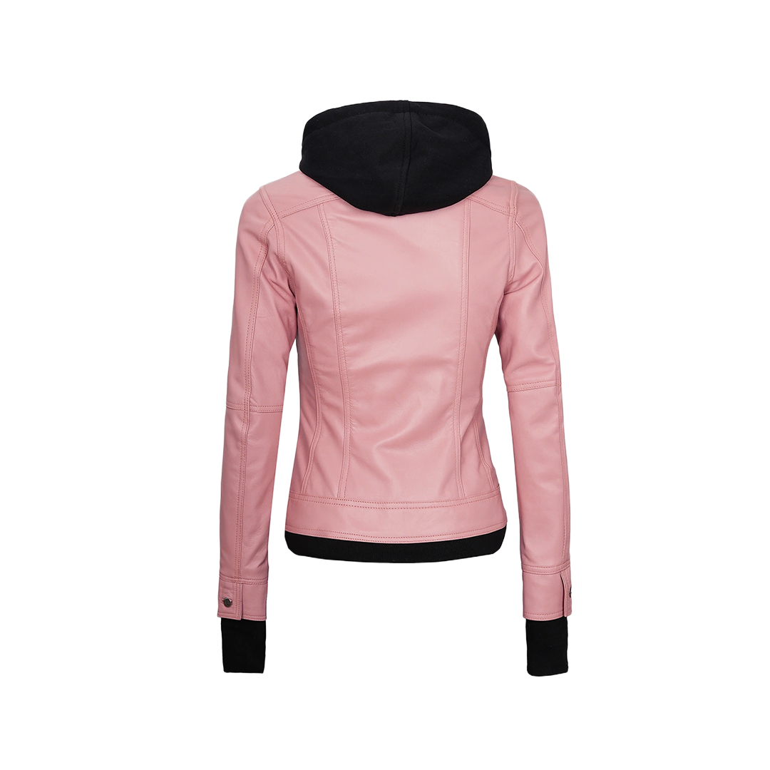 Tralee Women's Bomber Pink Real Leather Jacket with Hood