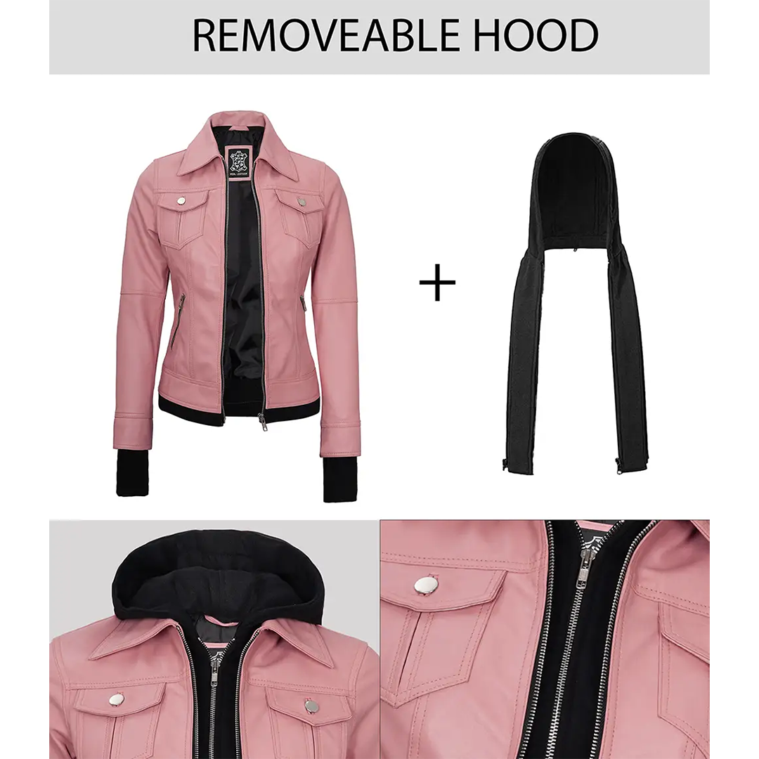 Tralee Women's Bomber Pink Real Leather Jacket with Hood