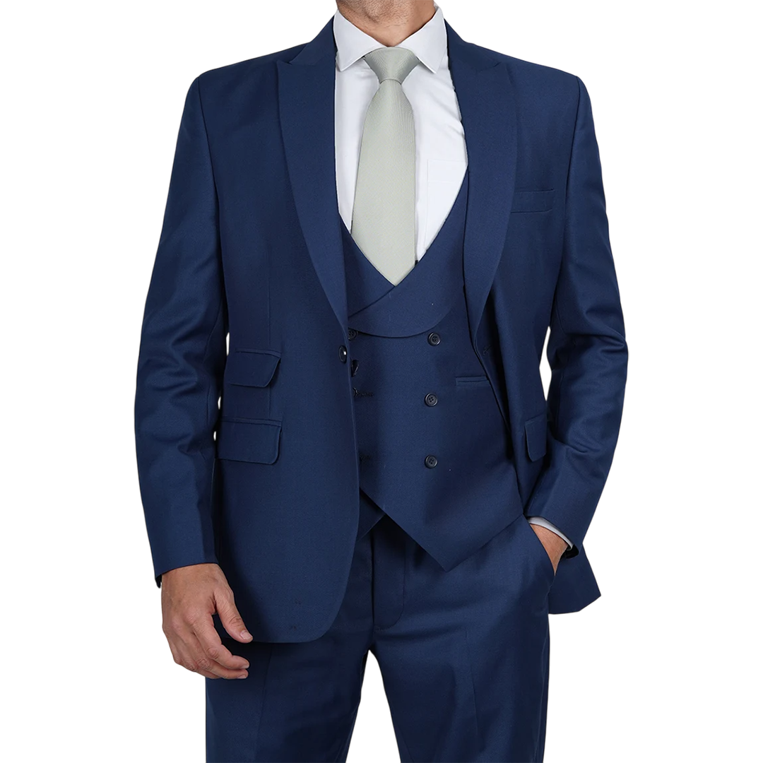 Vollmer Men's Blue Peak Lapel Three Piece Suit