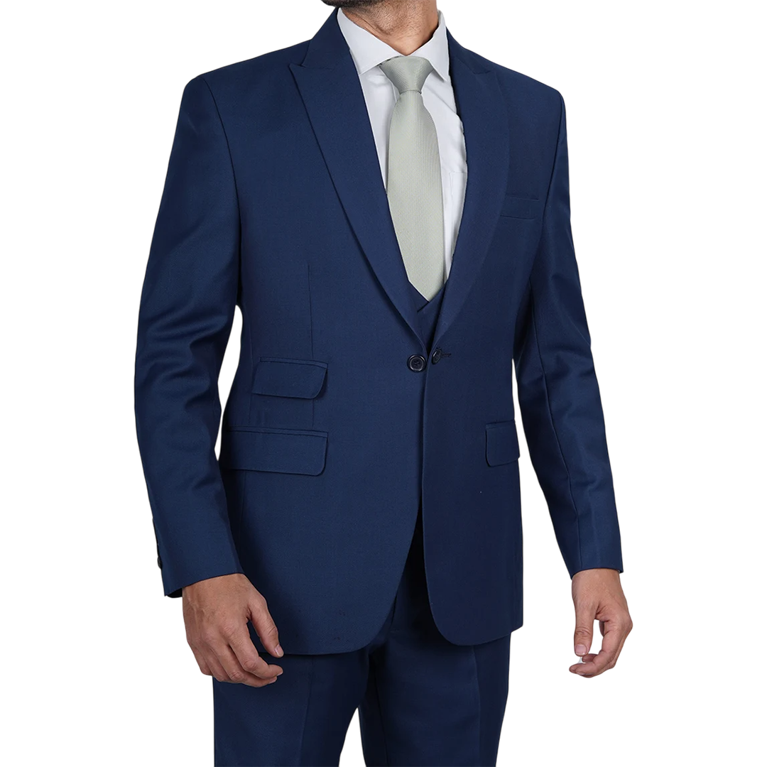 Vollmer Men's Blue Peak Lapel Three Piece Suit