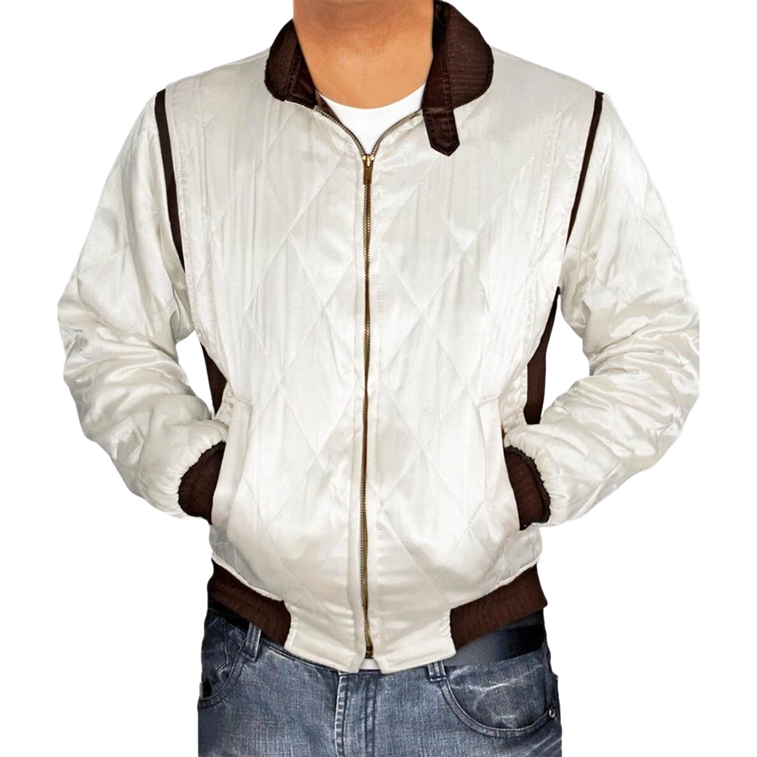 White Scorpion Satin Quilted Bomber Jacket For Men