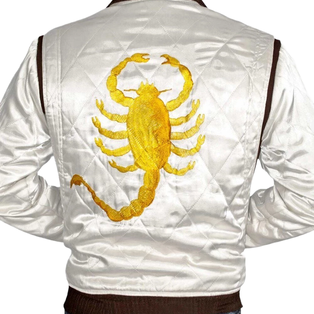 White Scorpion Satin Quilted Bomber Jacket For Men