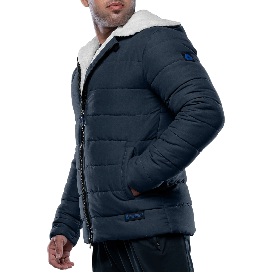 Wilfred Blue Puffer Men Sherpa Jacket with Hood
