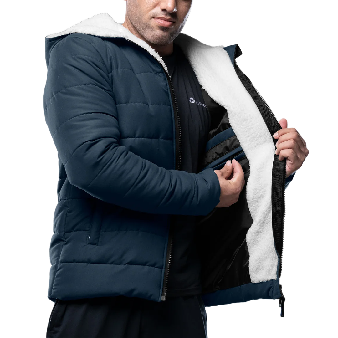 Wilfred Blue Puffer Men Sherpa Jacket with Hood