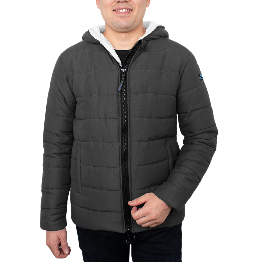 Wilfred Dark Gray Puffer Men Sherpa Jacket with Hood