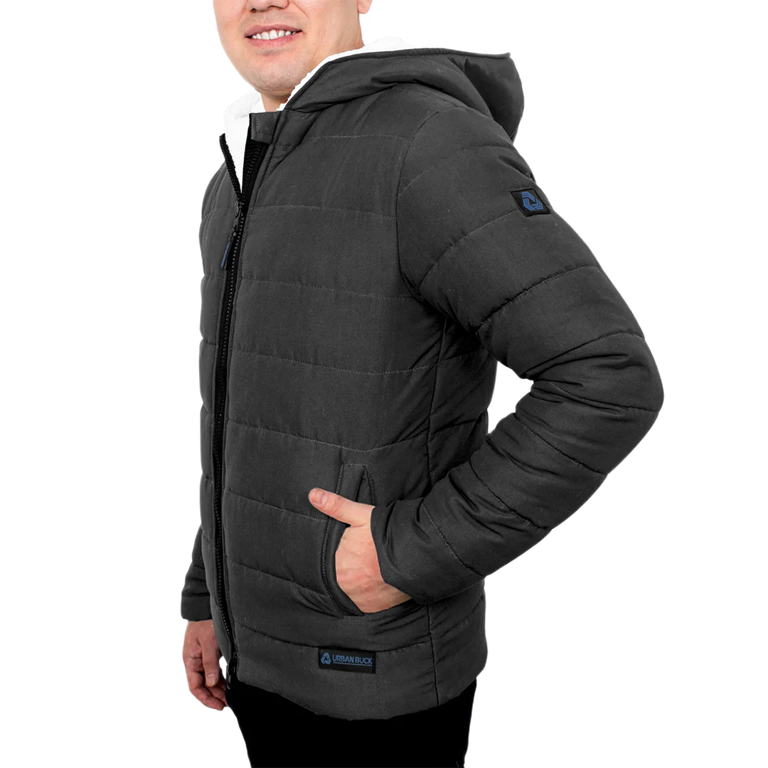 Wilfred Dark Gray Puffer Men Sherpa Jacket with Hood