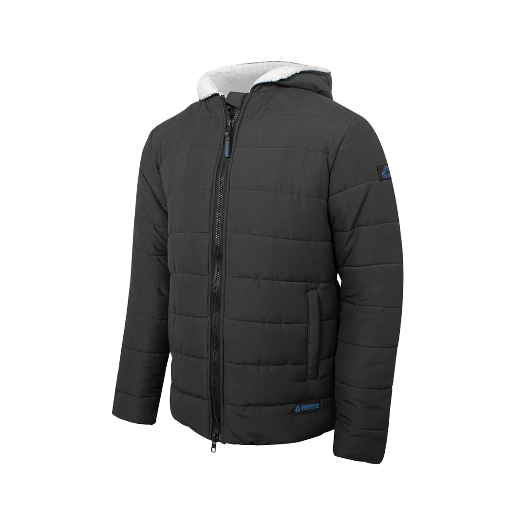 Wilfred Dark Gray Puffer Men Sherpa Jacket with Hood