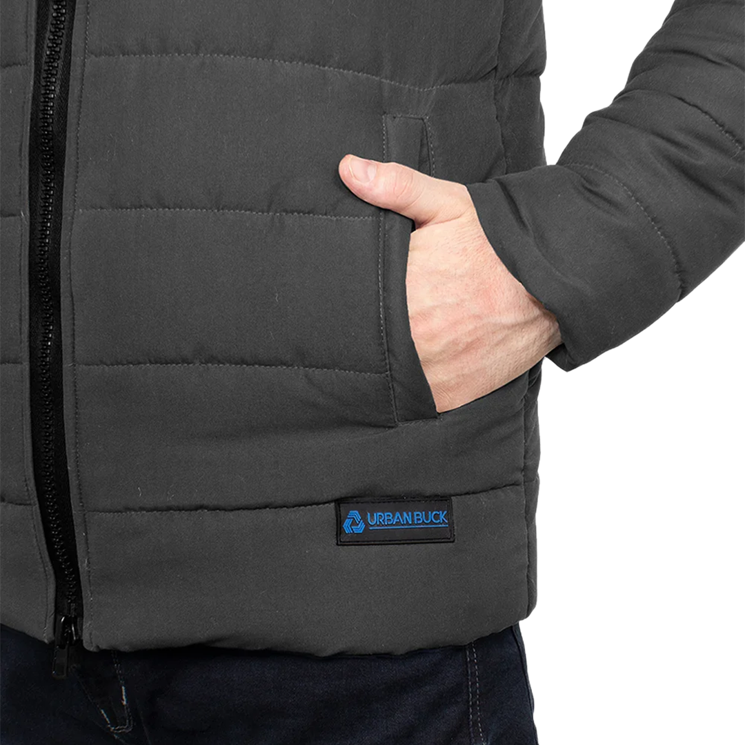 Wilfred Dark Gray Puffer Men Sherpa Jacket with Hood