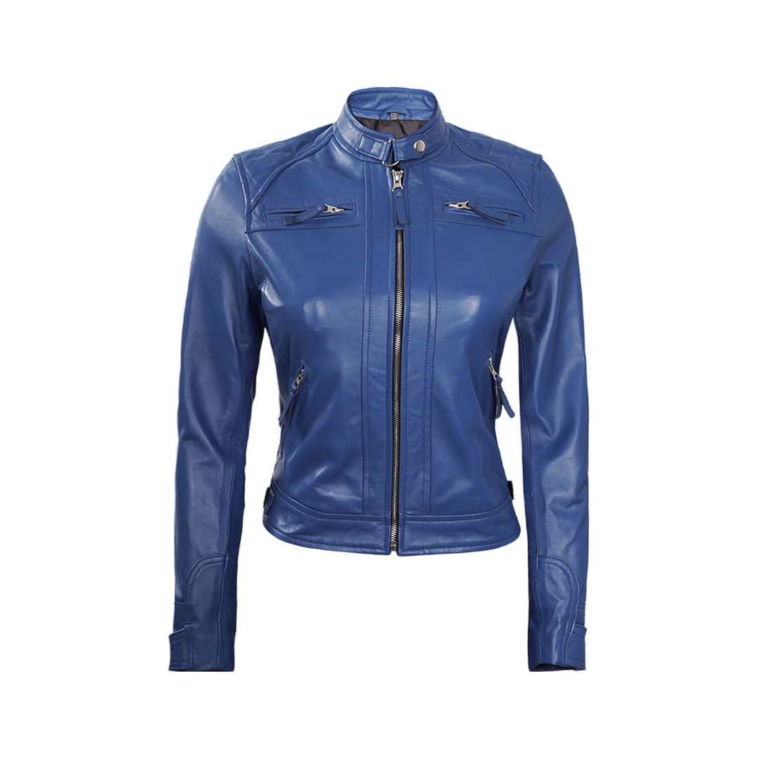 Women Blue Diamond Cafe Racer Real Leather Jacket
