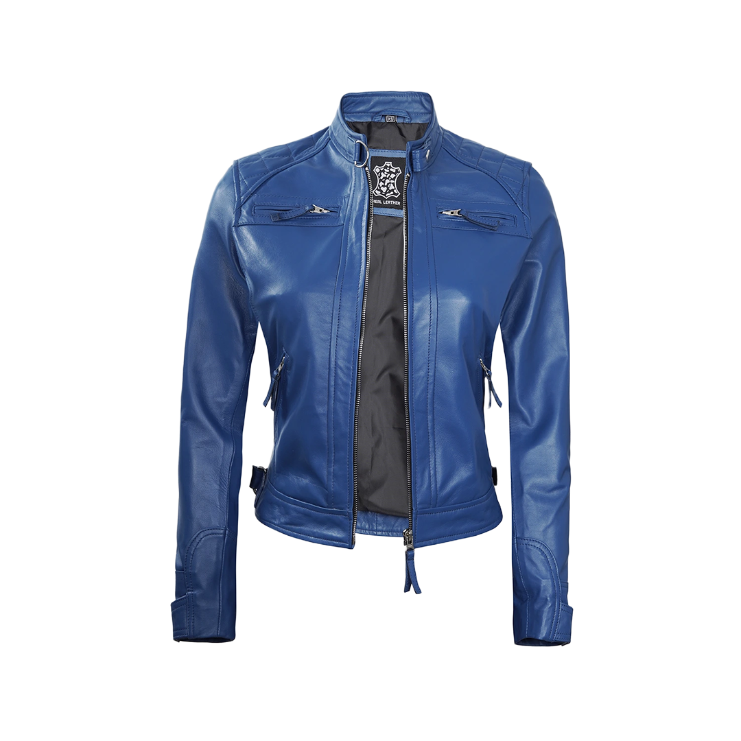 Women Blue Diamond Cafe Racer Real Leather Jacket