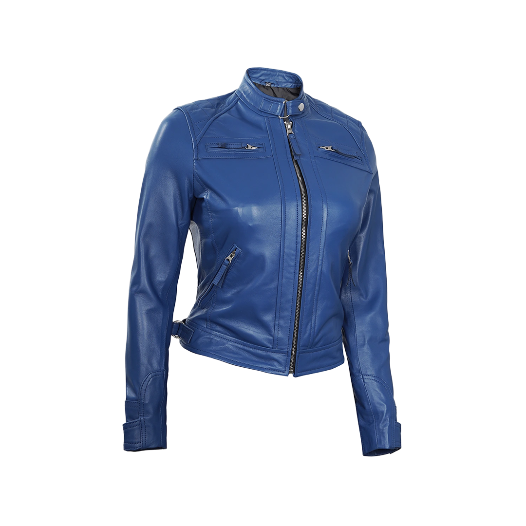 Women Blue Diamond Cafe Racer Real Leather Jacket
