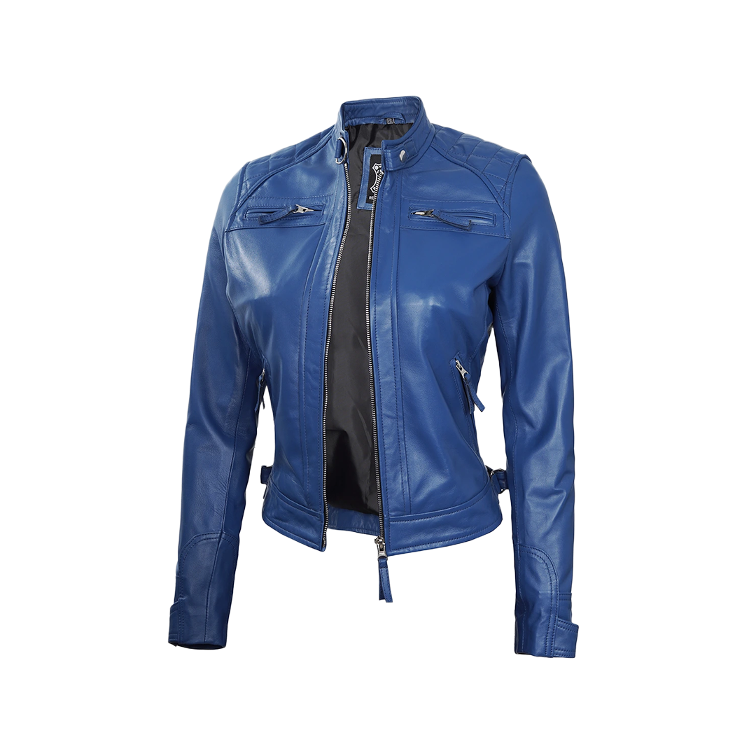 Women Blue Diamond Cafe Racer Real Leather Jacket