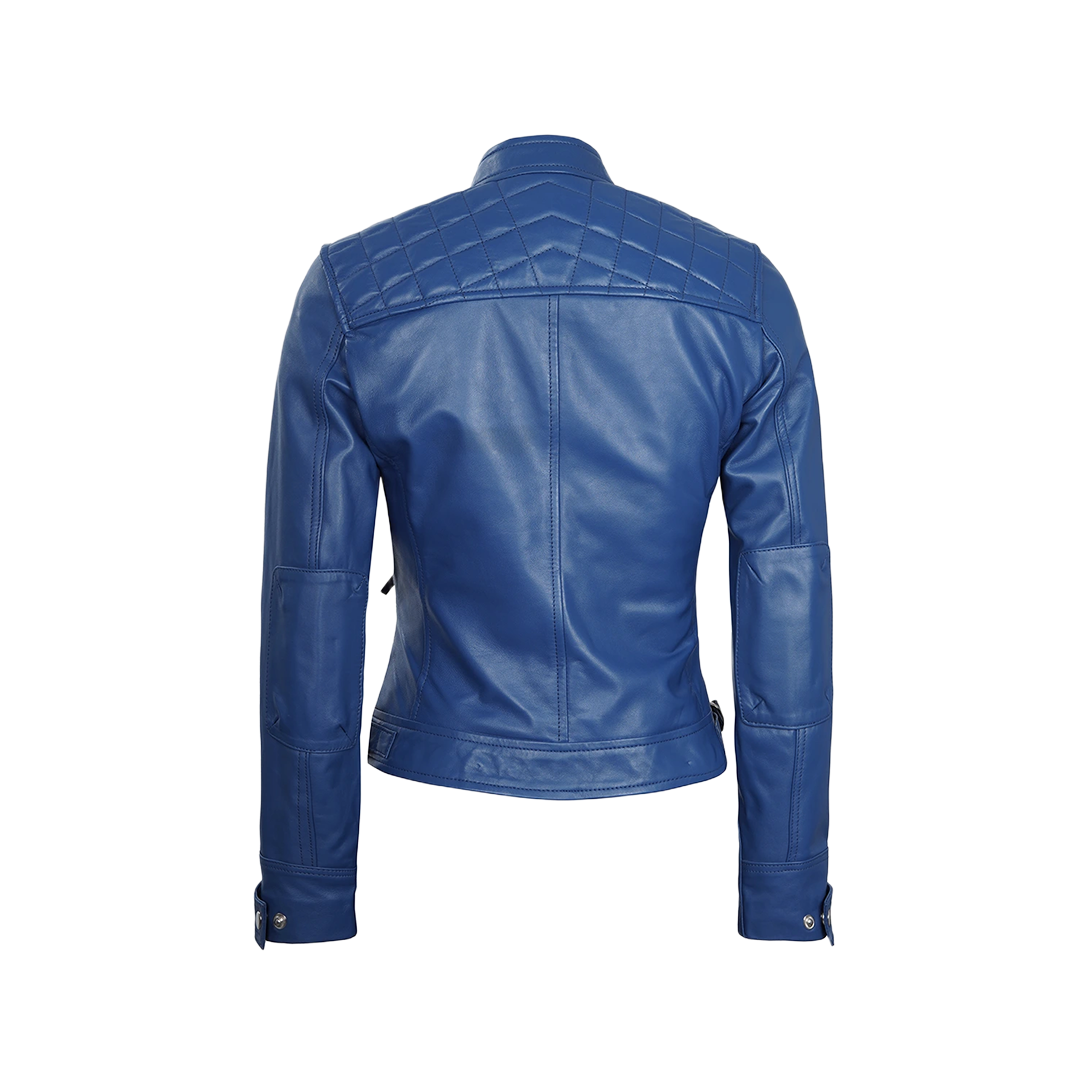 Women Blue Diamond Cafe Racer Real Leather Jacket