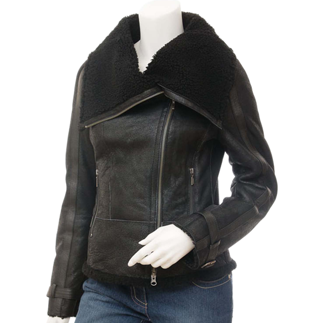 Women’s Bomber Sheepskin Leather Jacket In Black