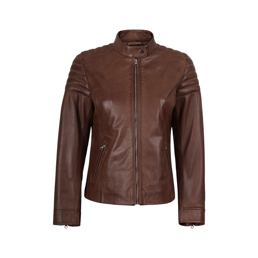 Women's Cognac Brown Cafe Racer Leather Jacket