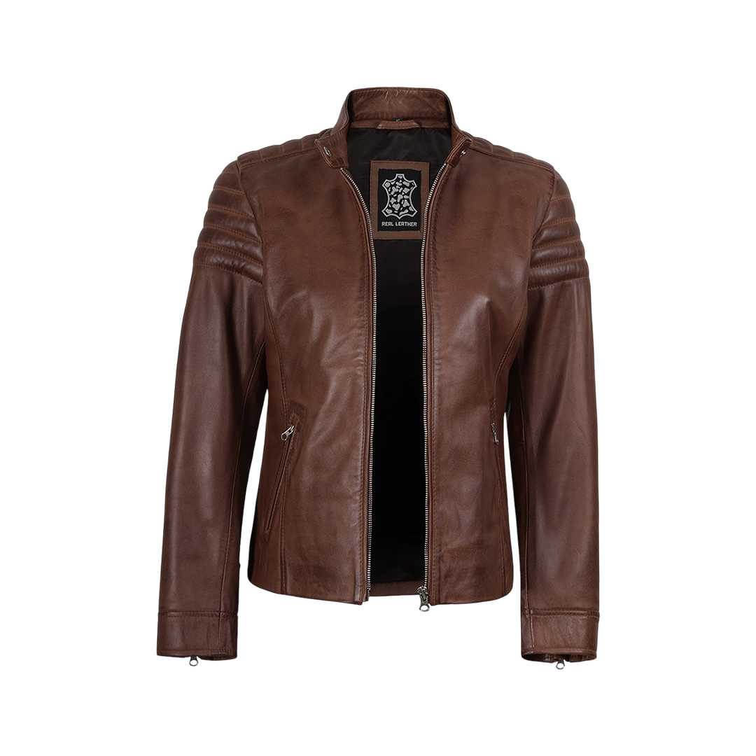 Women's Cognac Brown Cafe Racer Leather Jacket