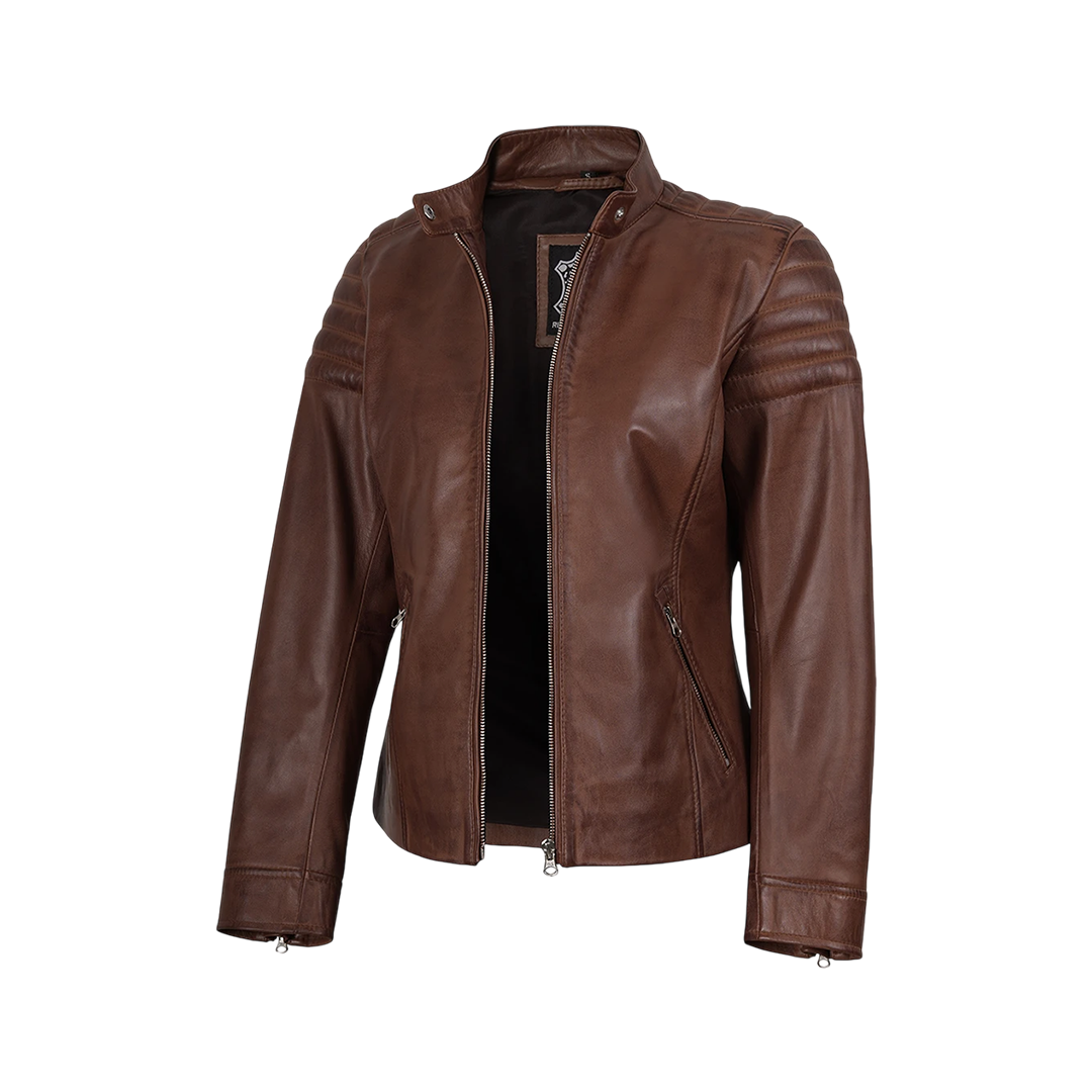 Women's Cognac Brown Cafe Racer Leather Jacket