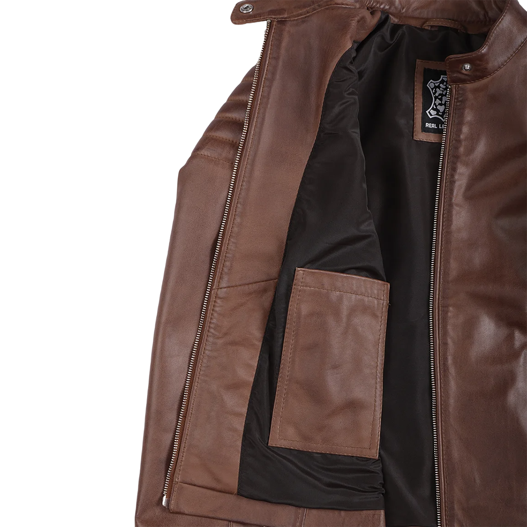 Women's Cognac Brown Cafe Racer Leather Jacket