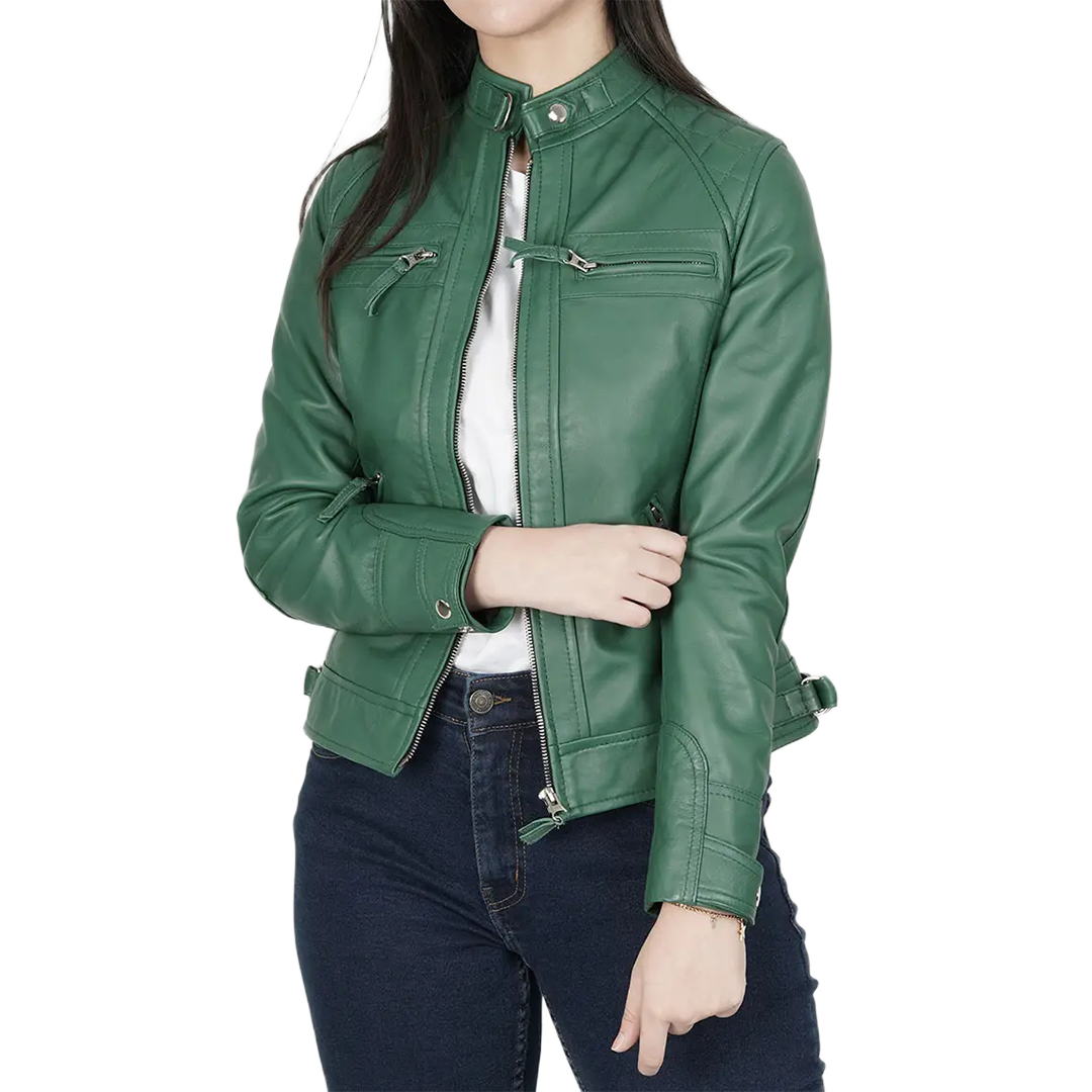 Women Green Diamond Cafe Racer Real Leather Jacket