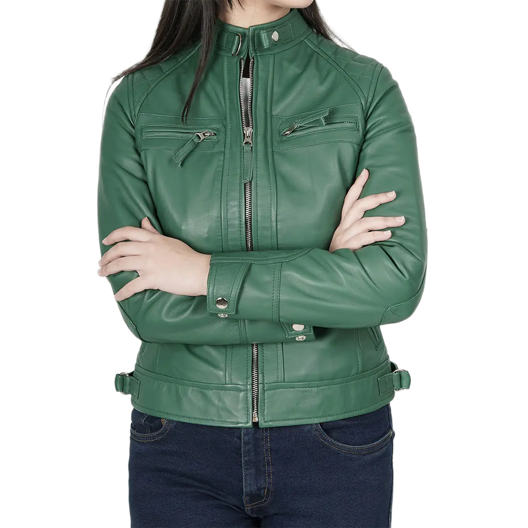 Women Green Diamond Cafe Racer Real Leather Jacket