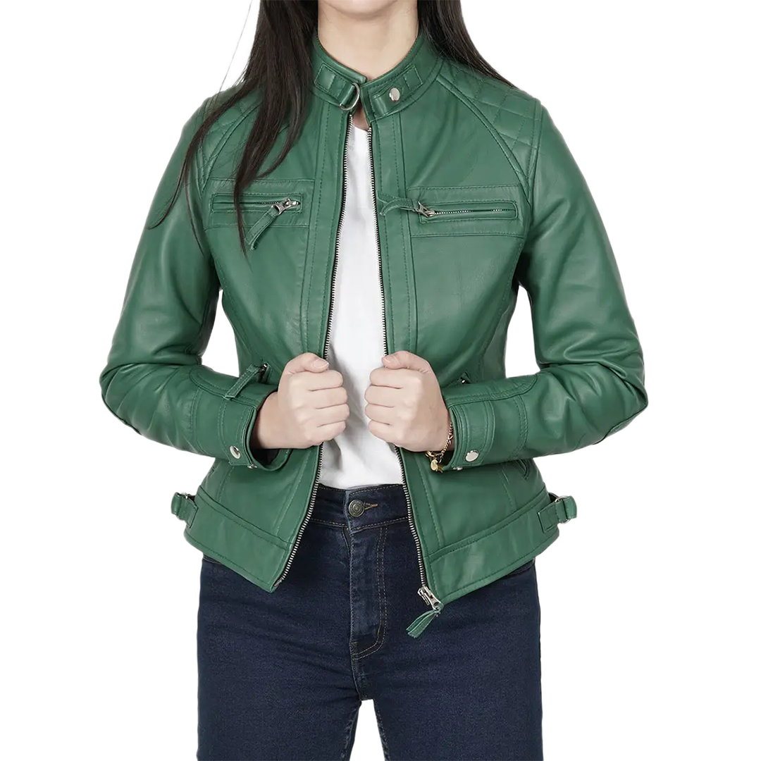 Women Green Diamond Cafe Racer Real Leather Jacket
