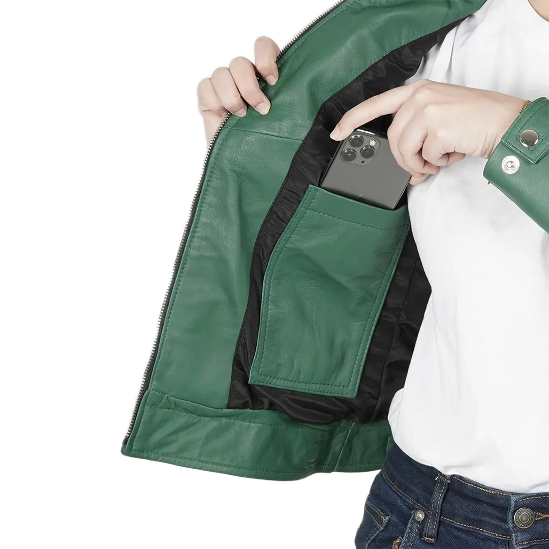 Women Green Diamond Cafe Racer Real Leather Jacket