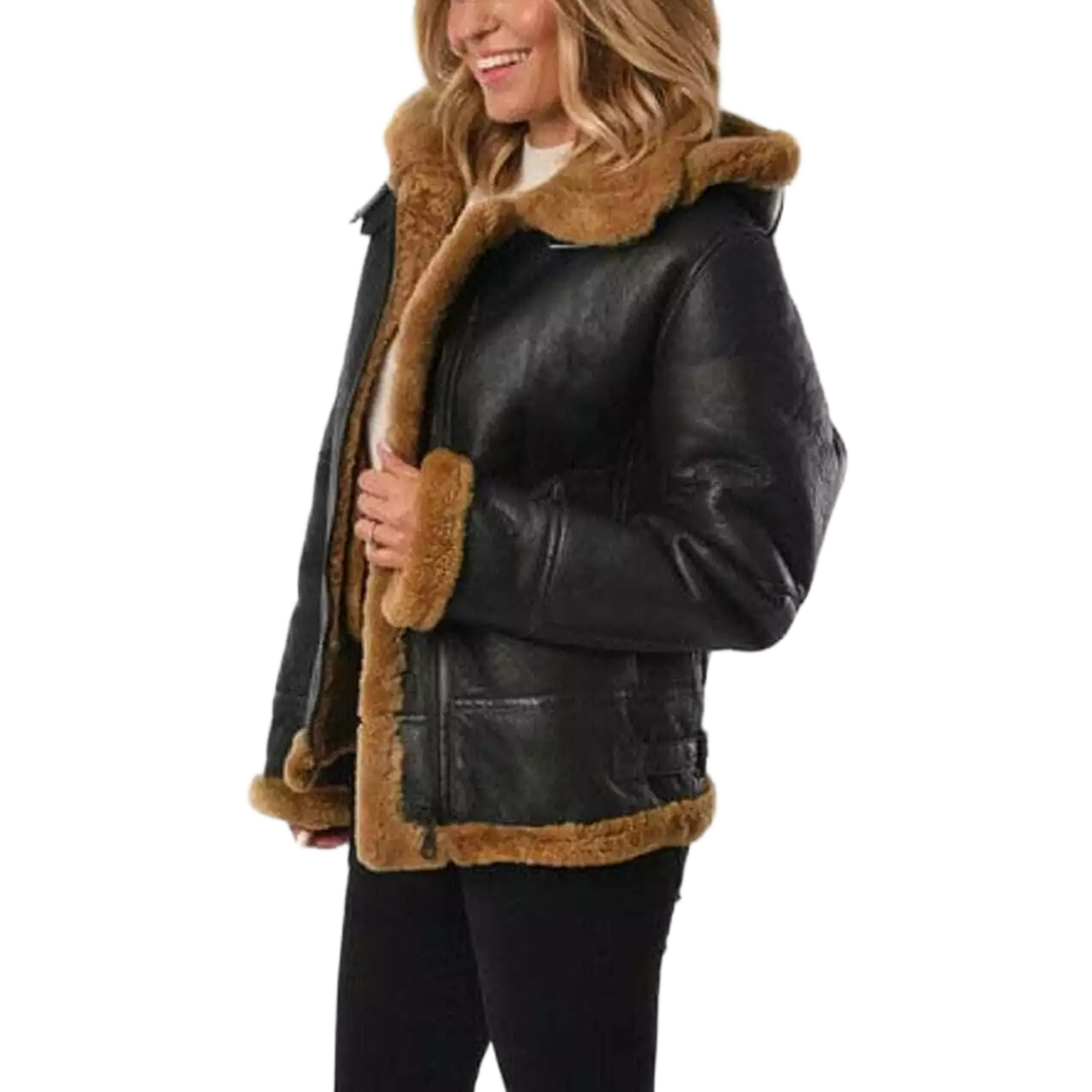 Women’s Hoodie RAF Aviator B3 Sheepskin Real Shearling Leather Bomber Jacket